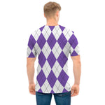 White And Purple Argyle Pattern Print Men's T-Shirt
