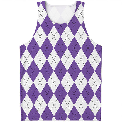 White And Purple Argyle Pattern Print Men's Tank Top