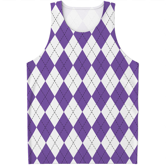 White And Purple Argyle Pattern Print Men's Tank Top
