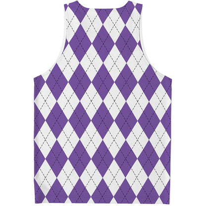 White And Purple Argyle Pattern Print Men's Tank Top