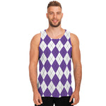 White And Purple Argyle Pattern Print Men's Tank Top