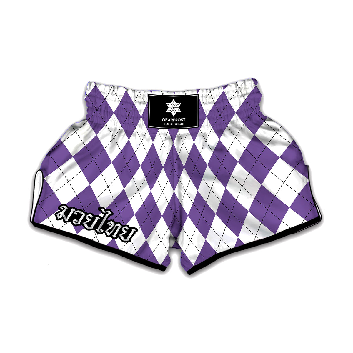White And Purple Argyle Pattern Print Muay Thai Boxing Shorts