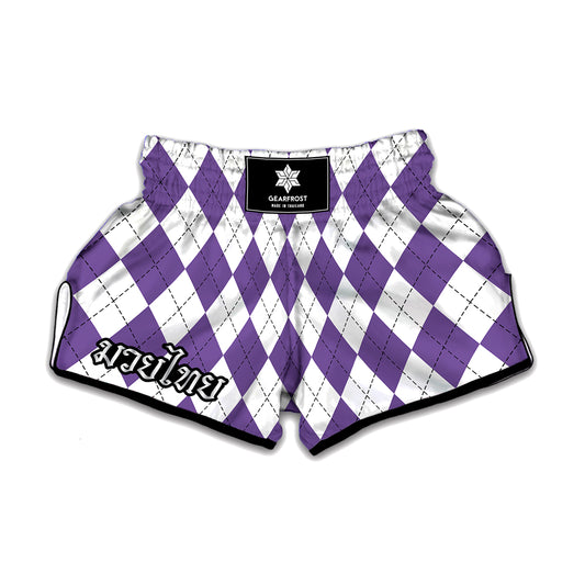White And Purple Argyle Pattern Print Muay Thai Boxing Shorts