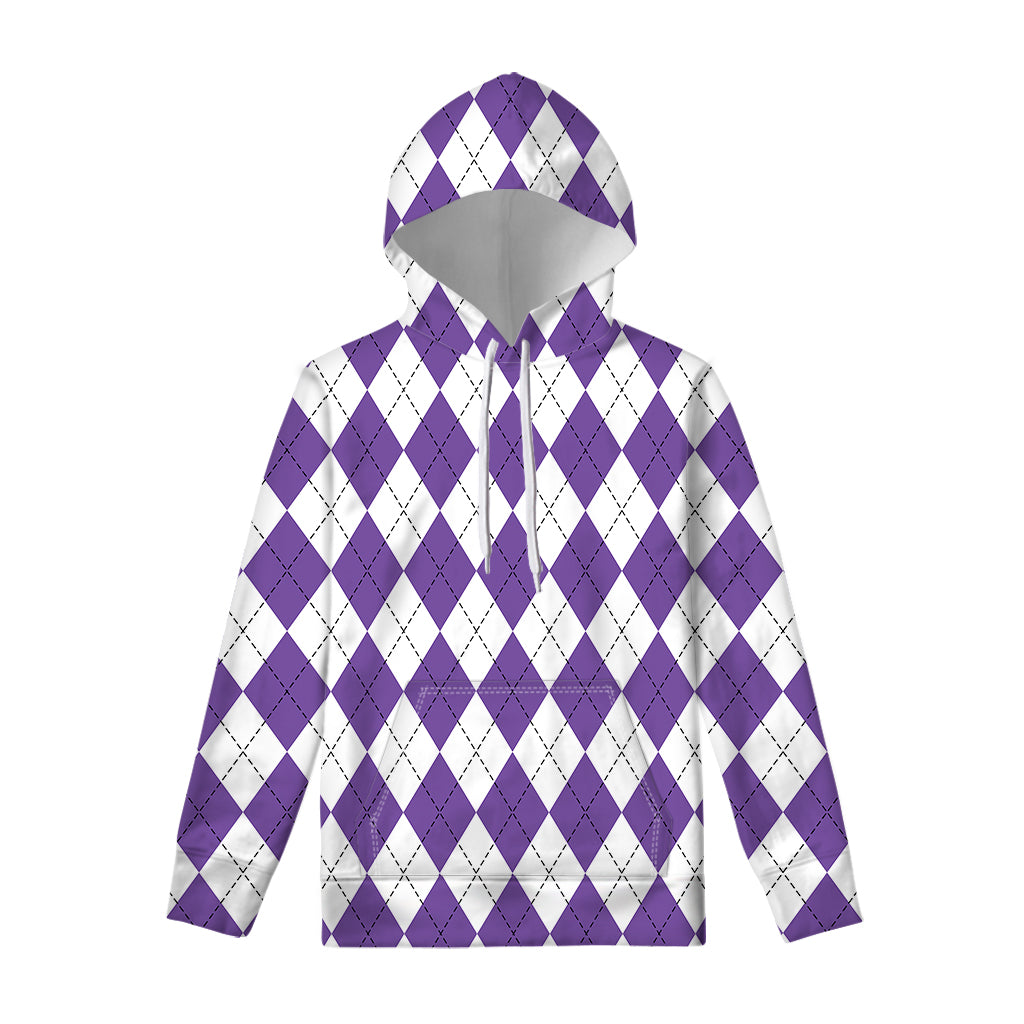 White And Purple Argyle Pattern Print Pullover Hoodie