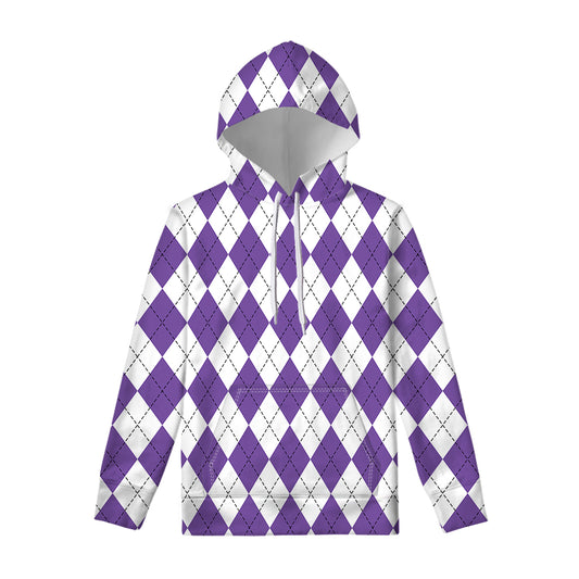 White And Purple Argyle Pattern Print Pullover Hoodie