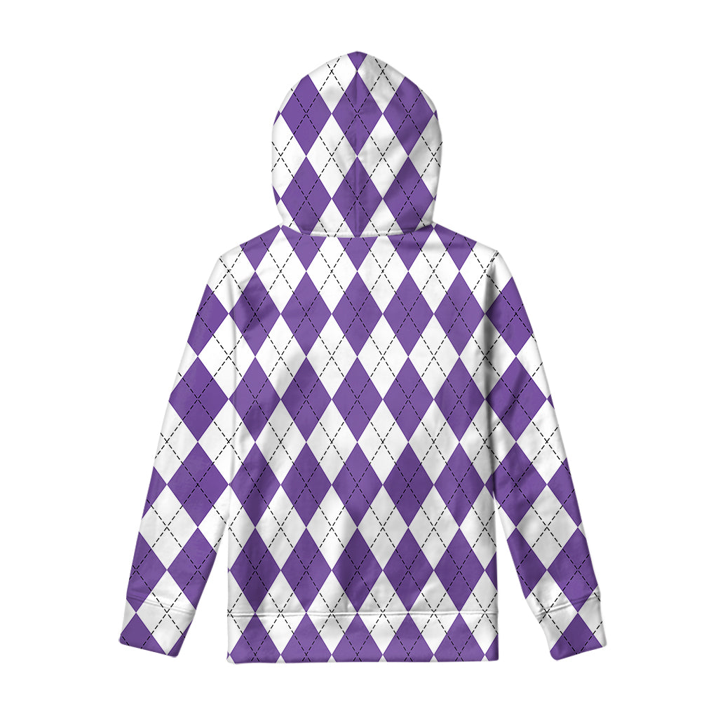 White And Purple Argyle Pattern Print Pullover Hoodie