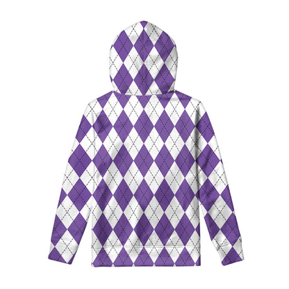 White And Purple Argyle Pattern Print Pullover Hoodie