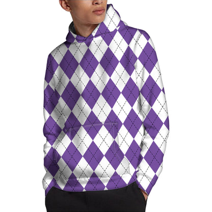 White And Purple Argyle Pattern Print Pullover Hoodie