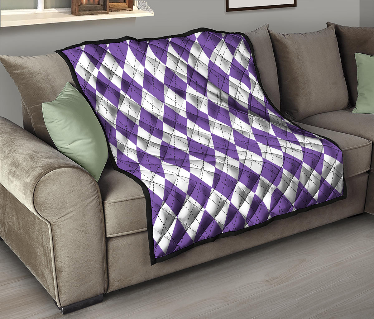 White And Purple Argyle Pattern Print Quilt