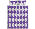 White And Purple Argyle Pattern Print Quilt Bed Set