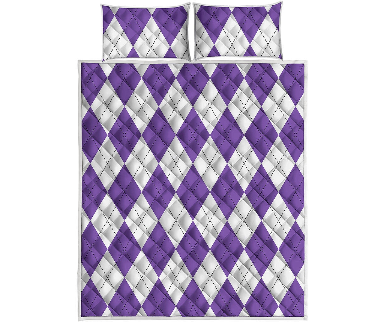 White And Purple Argyle Pattern Print Quilt Bed Set