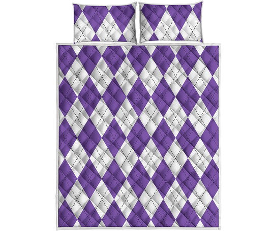 White And Purple Argyle Pattern Print Quilt Bed Set