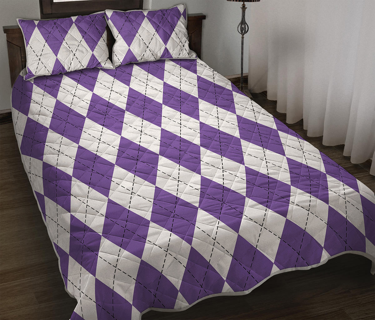 White And Purple Argyle Pattern Print Quilt Bed Set