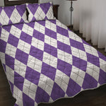 White And Purple Argyle Pattern Print Quilt Bed Set