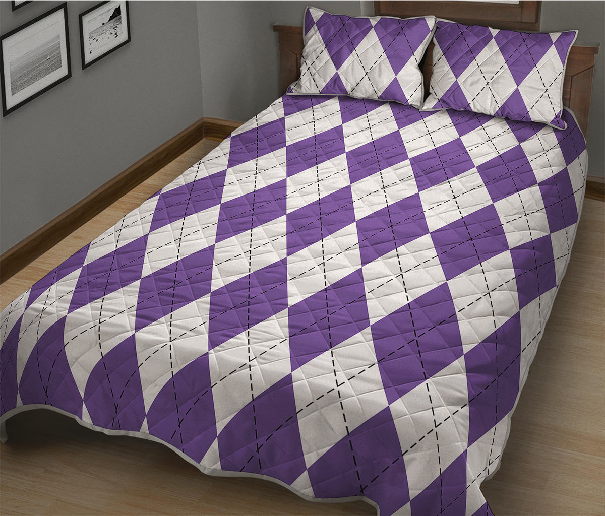 White And Purple Argyle Pattern Print Quilt Bed Set