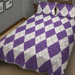 White And Purple Argyle Pattern Print Quilt Bed Set