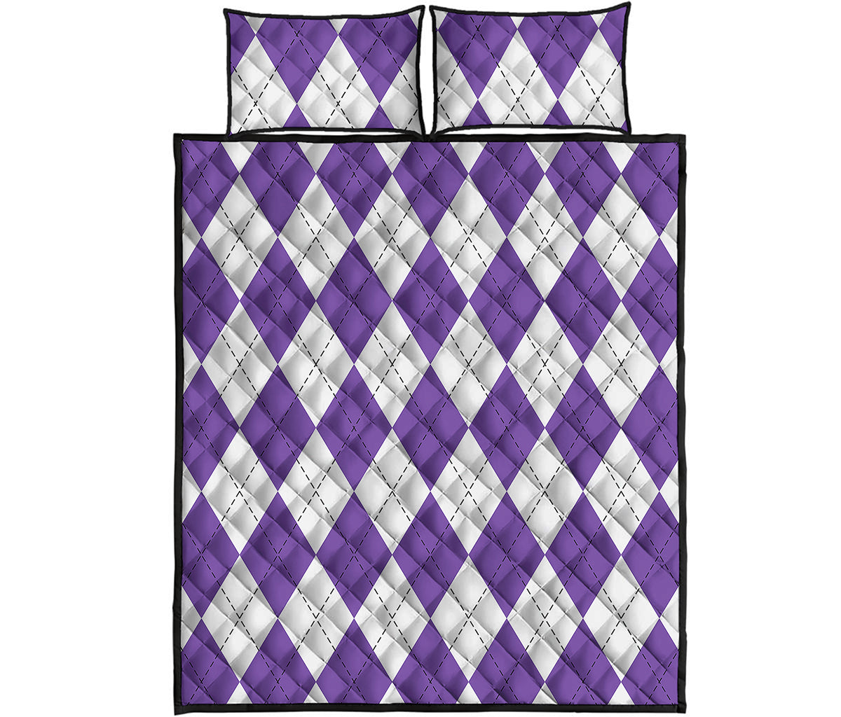 White And Purple Argyle Pattern Print Quilt Bed Set
