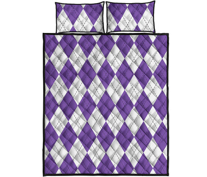 White And Purple Argyle Pattern Print Quilt Bed Set