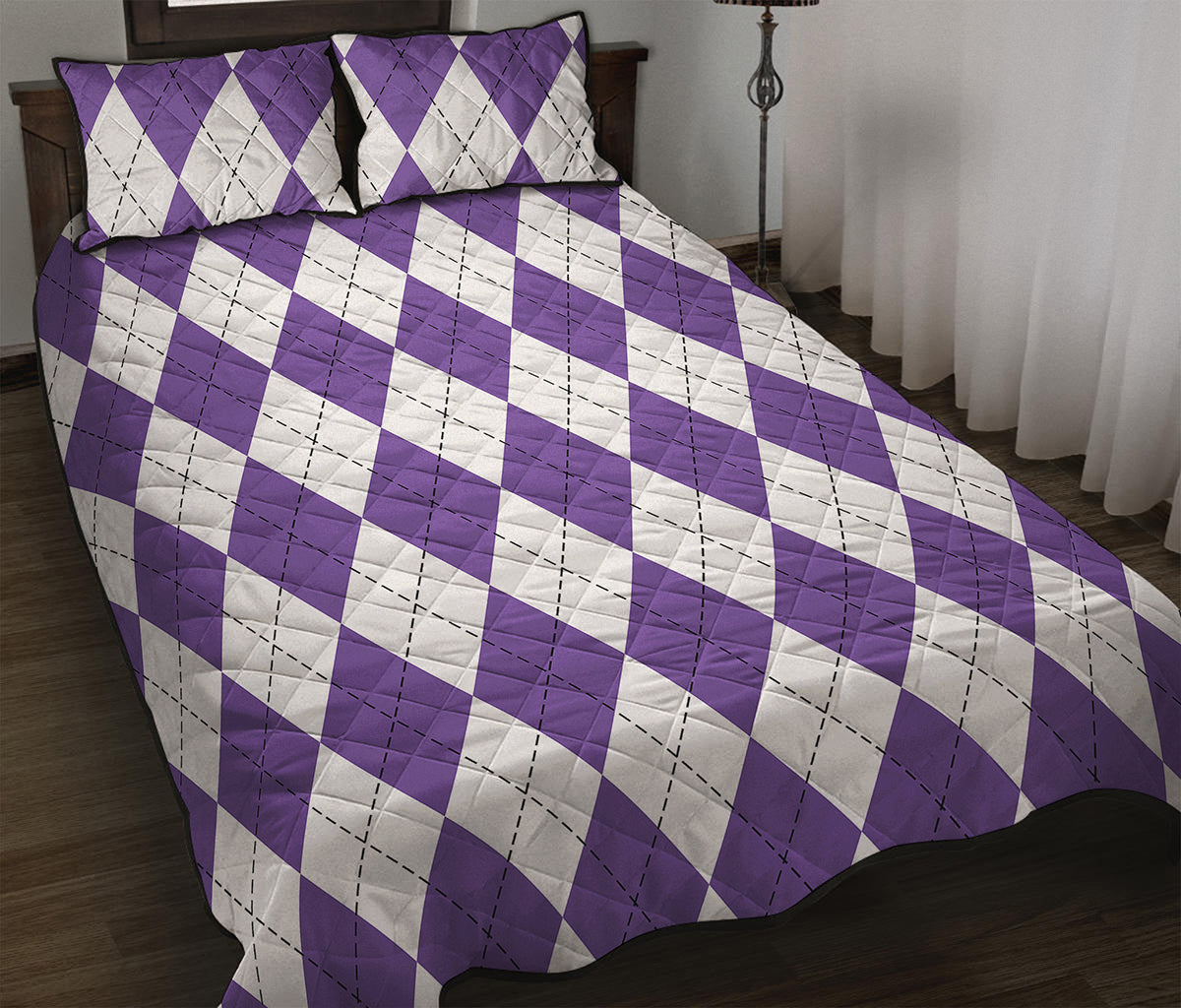 White And Purple Argyle Pattern Print Quilt Bed Set