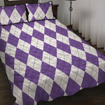 White And Purple Argyle Pattern Print Quilt Bed Set