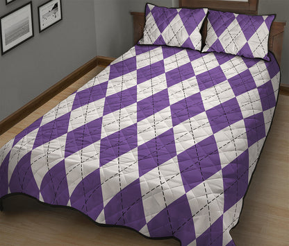 White And Purple Argyle Pattern Print Quilt Bed Set