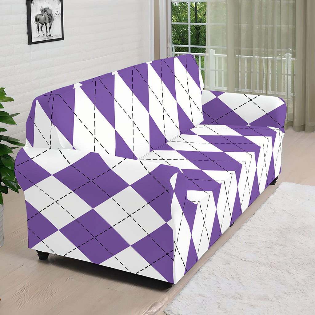White And Purple Argyle Pattern Print Sofa Cover