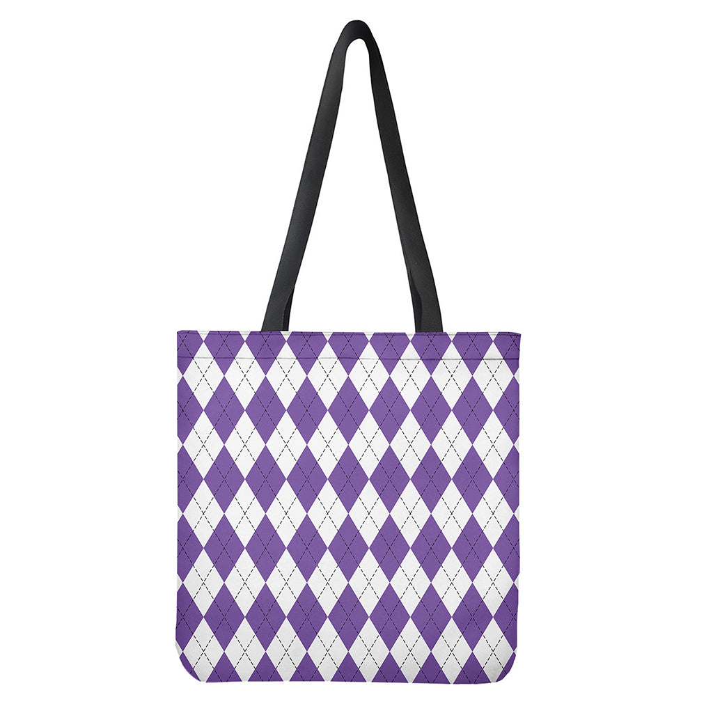 White And Purple Argyle Pattern Print Tote Bag