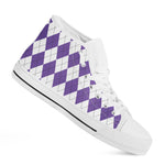 White And Purple Argyle Pattern Print White High Top Shoes