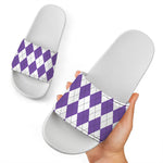White And Purple Argyle Pattern Print White Slide Sandals