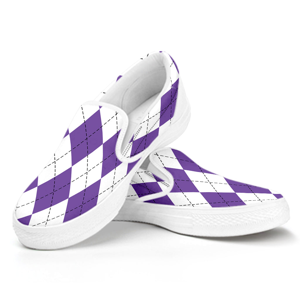 White And Purple Argyle Pattern Print White Slip On Shoes