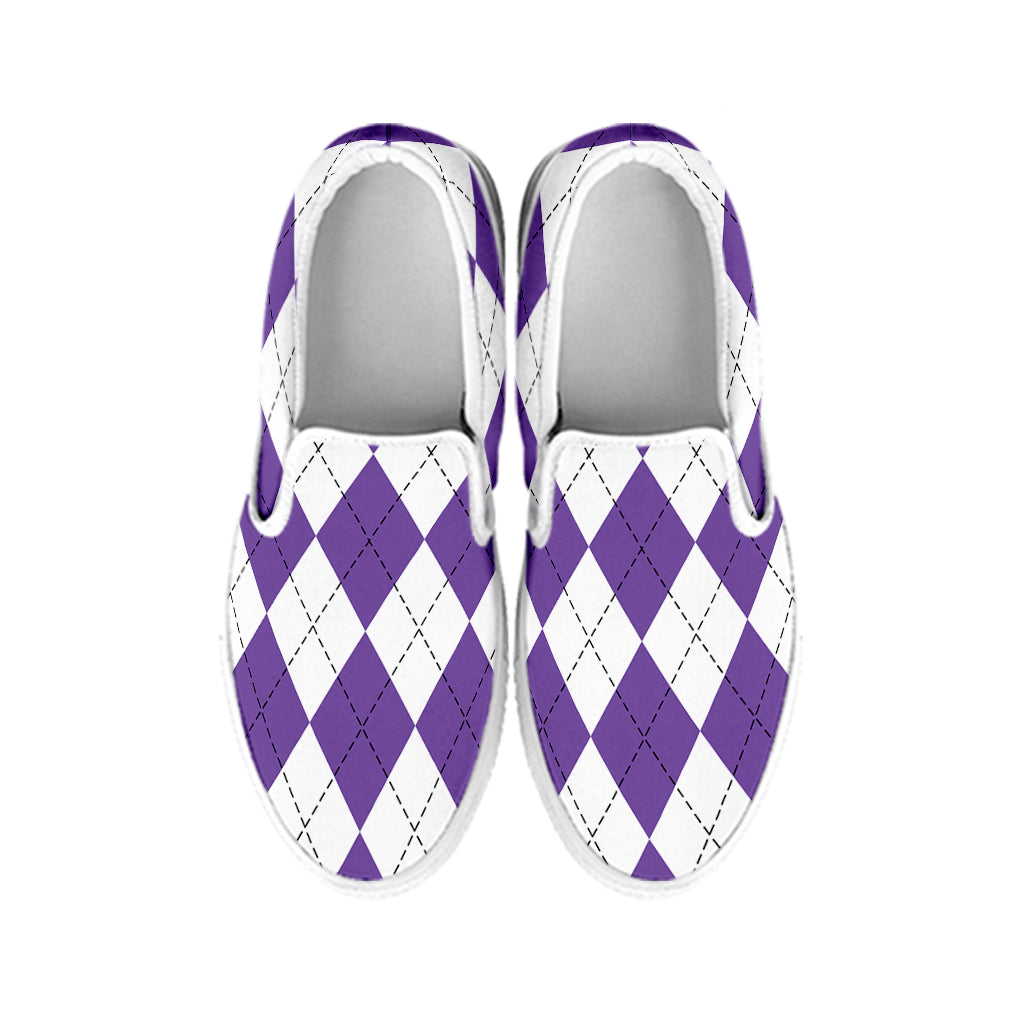 White And Purple Argyle Pattern Print White Slip On Shoes