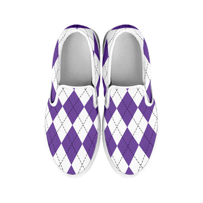White And Purple Argyle Pattern Print White Slip On Shoes