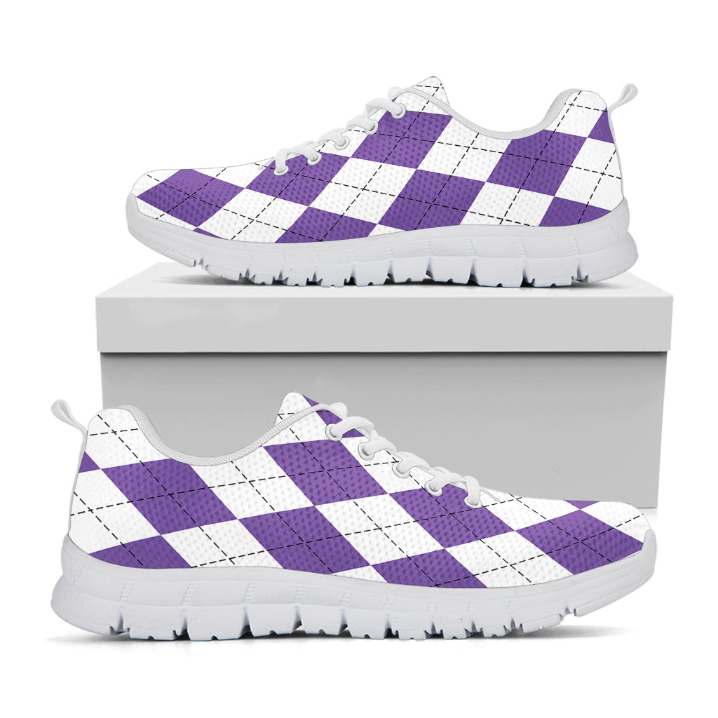 White And Purple Argyle Pattern Print White Sneakers