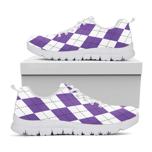White And Purple Argyle Pattern Print White Sneakers