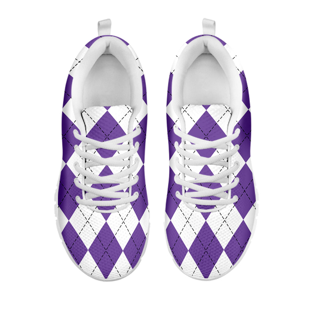 White And Purple Argyle Pattern Print White Sneakers