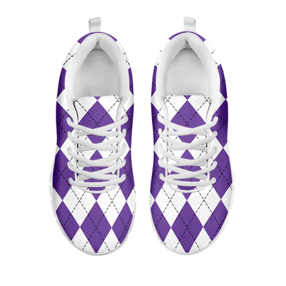 White And Purple Argyle Pattern Print White Sneakers