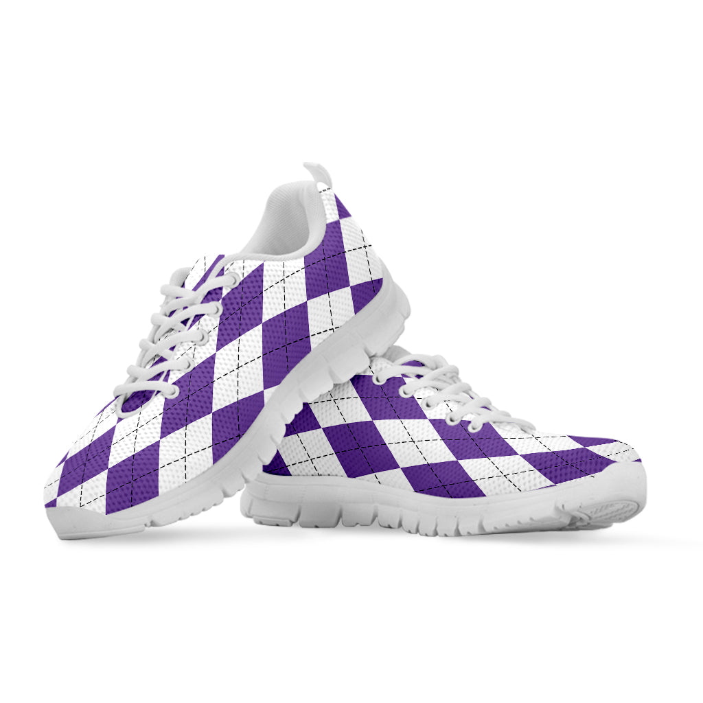 White And Purple Argyle Pattern Print White Sneakers