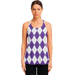 White And Purple Argyle Pattern Print Women's Racerback Tank Top