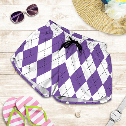 White And Purple Argyle Pattern Print Women's Shorts