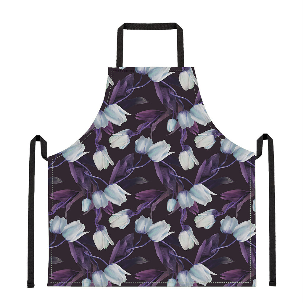 White And Purple Tulip Pattern Print Apron