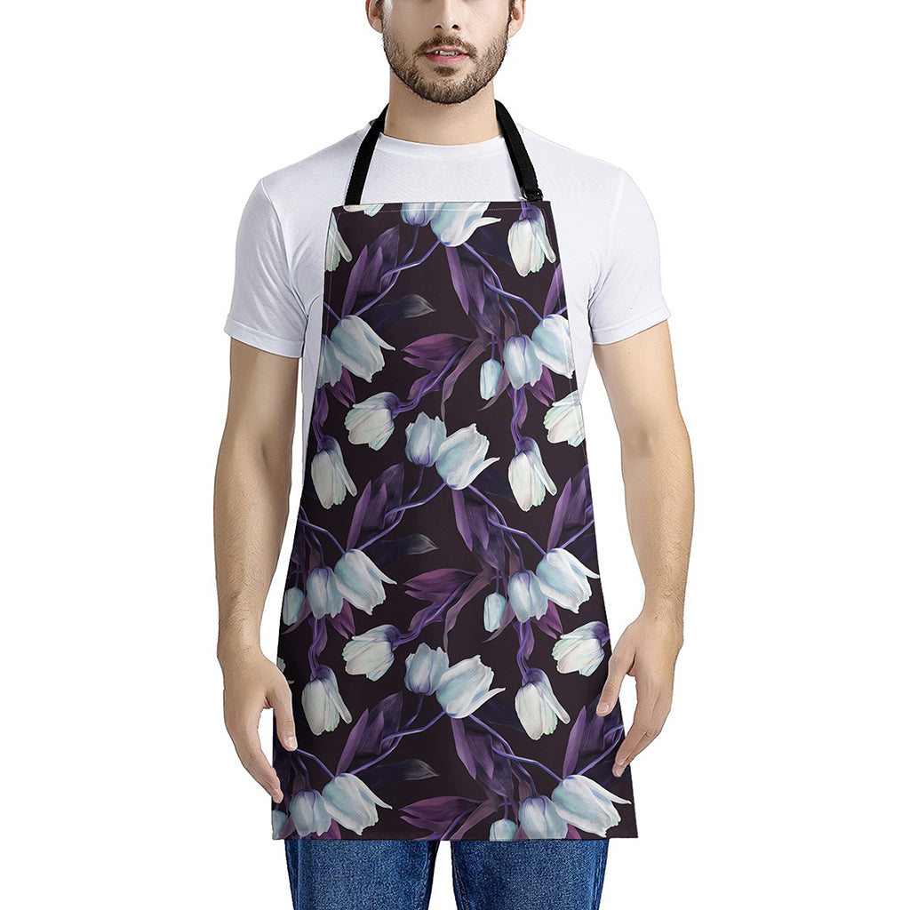 White And Purple Tulip Pattern Print Apron