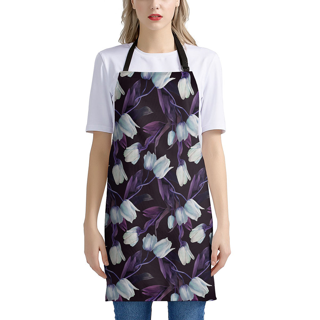 White And Purple Tulip Pattern Print Apron