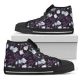 White And Purple Tulip Pattern Print Black High Top Sneakers