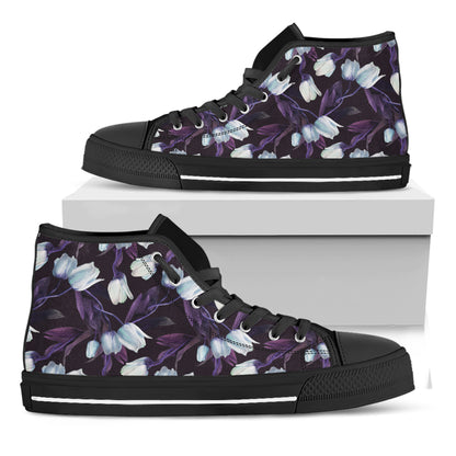 White And Purple Tulip Pattern Print Black High Top Shoes