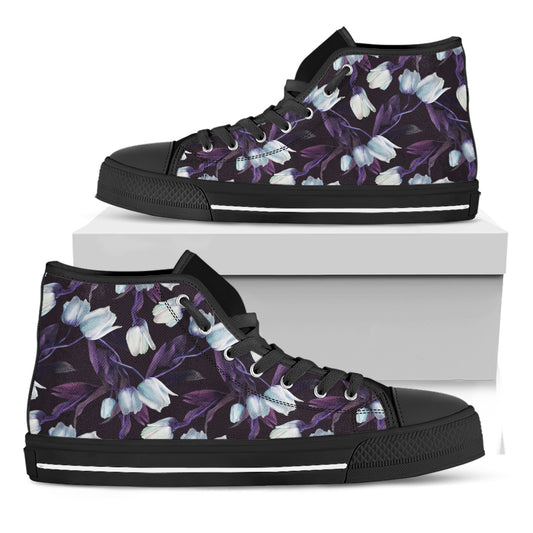White And Purple Tulip Pattern Print Black High Top Shoes