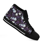 White And Purple Tulip Pattern Print Black High Top Shoes