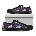 White And Purple Tulip Pattern Print Black Low Top Sneakers