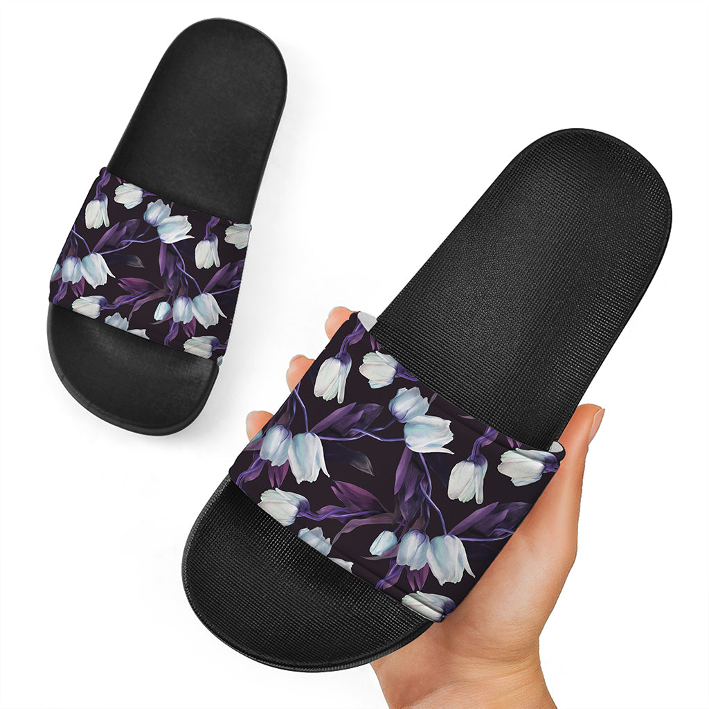 White And Purple Tulip Pattern Print Black Slide Sandals