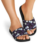 White And Purple Tulip Pattern Print Black Slide Sandals