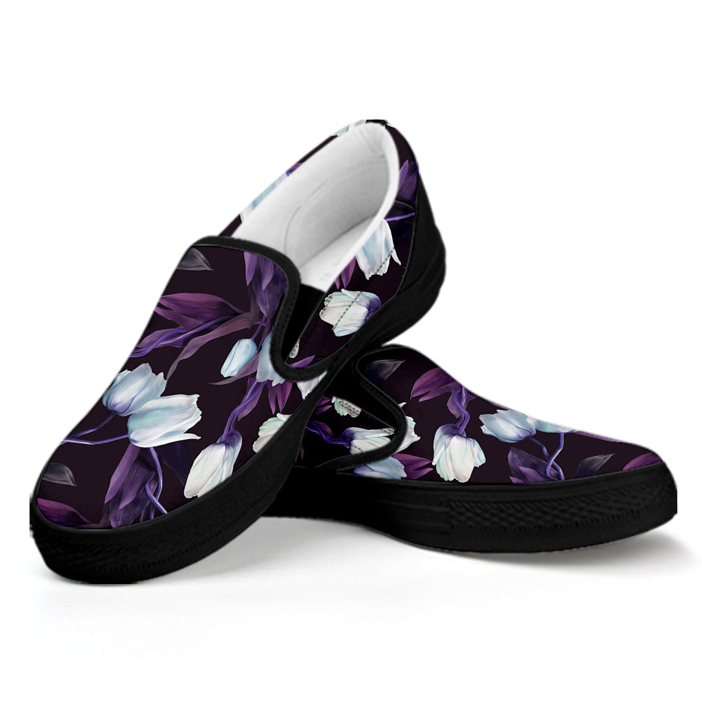 White And Purple Tulip Pattern Print Black Slip On Shoes